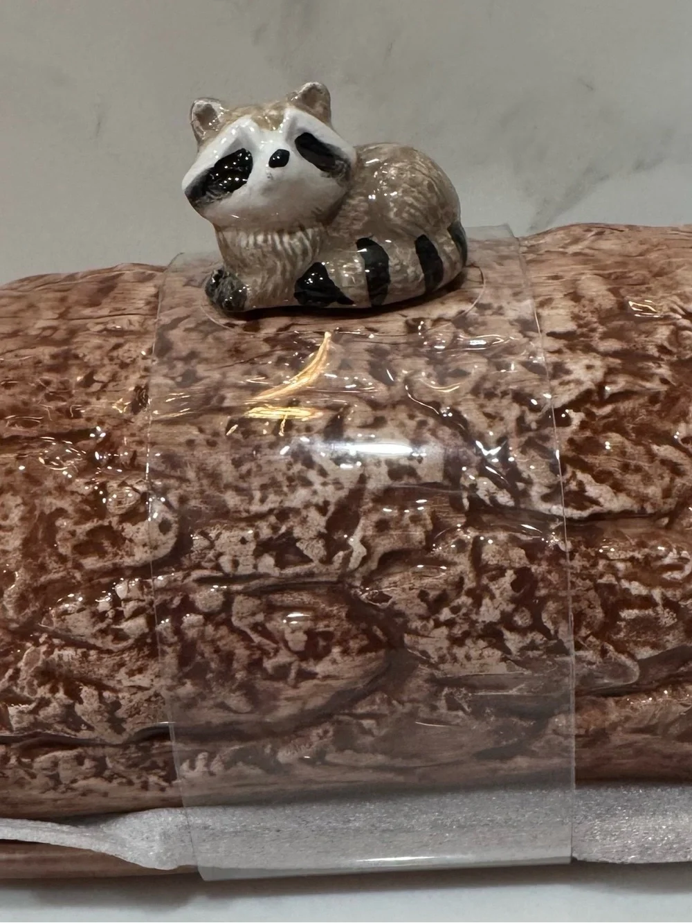 Large Heritage Harvest Fall Butter Dish w/Forest Raccoon on Log New